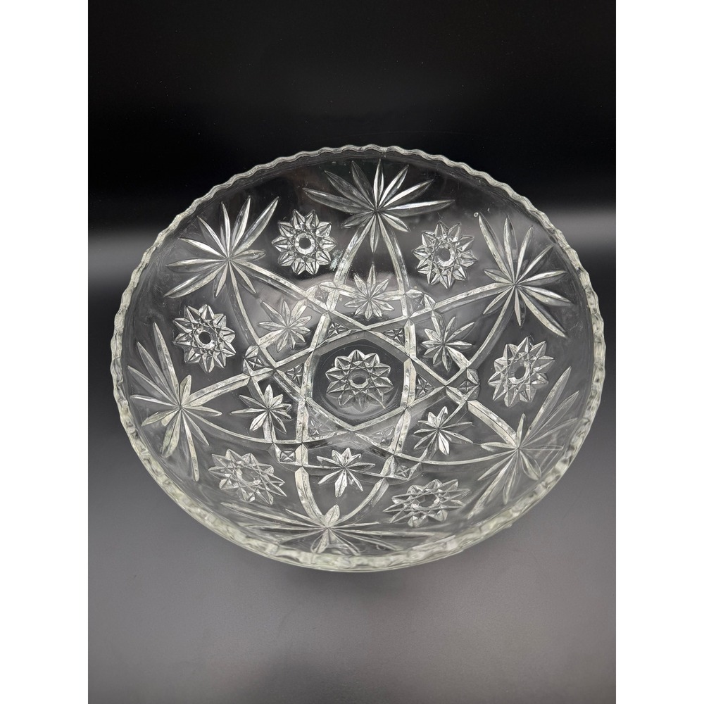 VTG Pressed Glass Starburst Pinwheel Serving Bowl Scalloped Sawtooth‎ Rim Clear